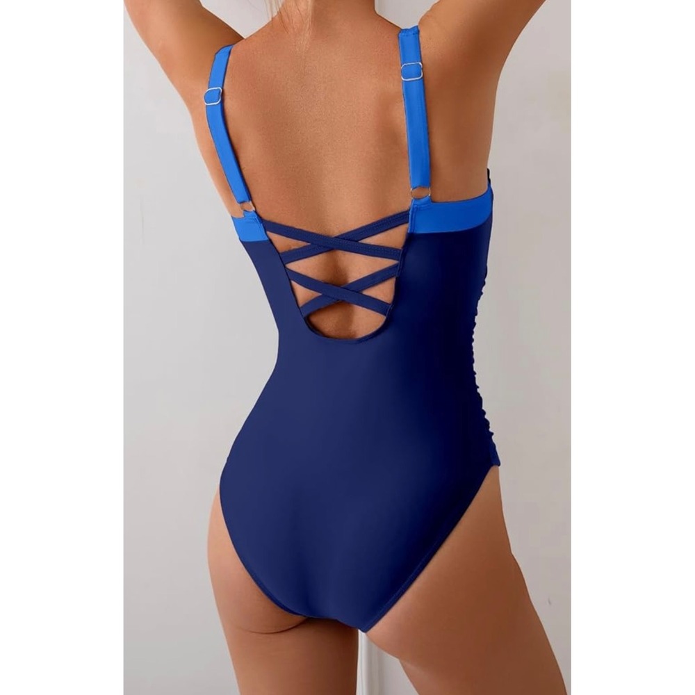 Eagerbuy One Piece Swimsuit V Neck Bathing Suits Adjustable Straps blue size M‎